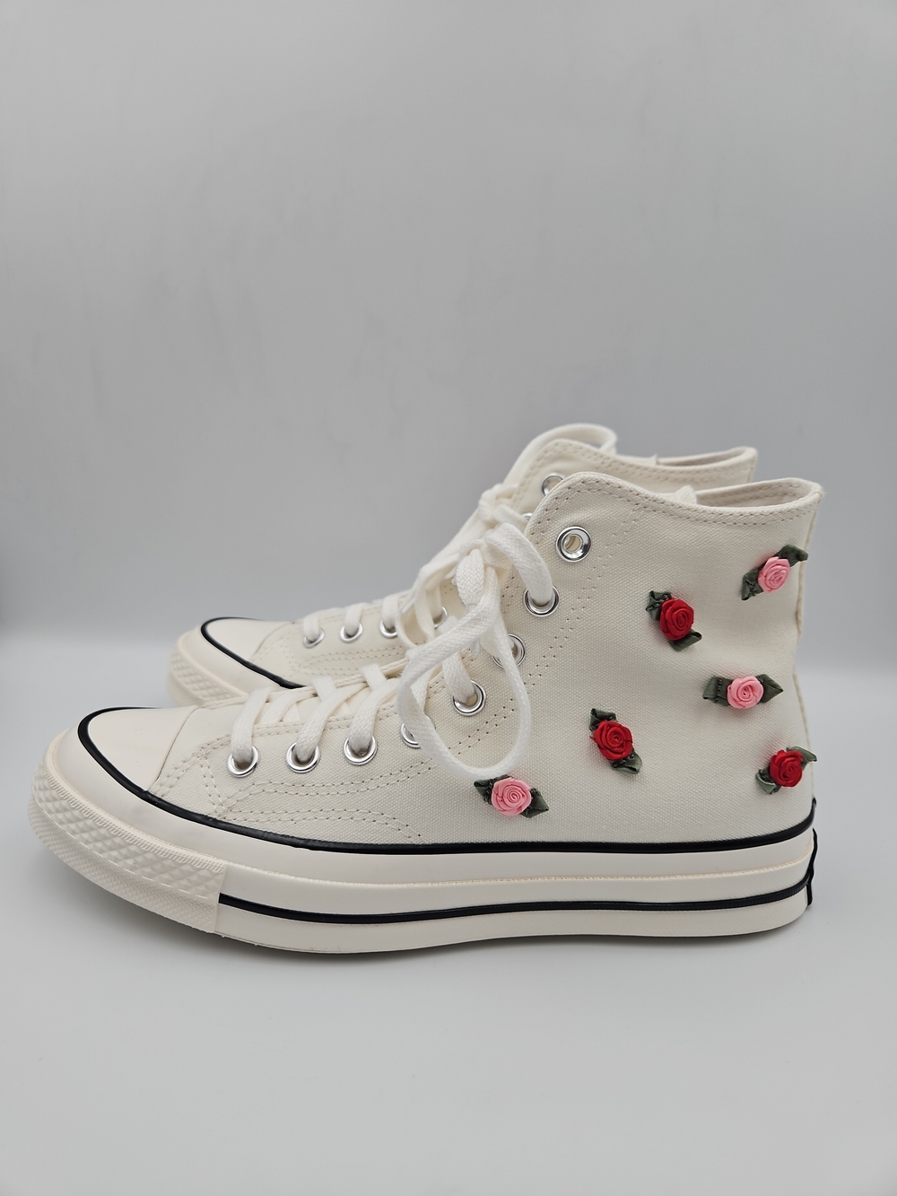 Converse Cream High-Top Sneakers with Pink & Red Rose Appliqués